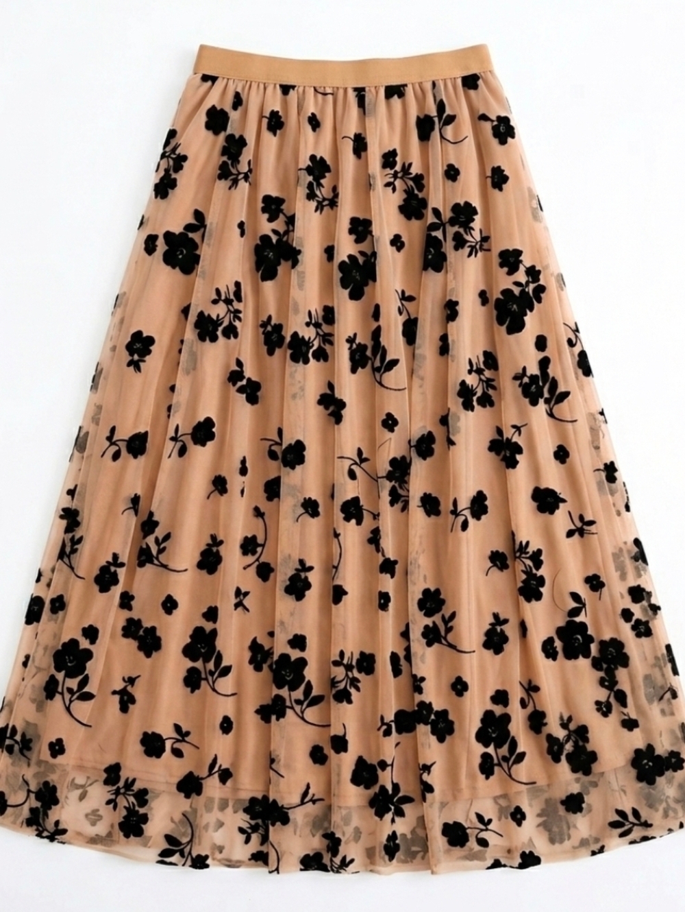 Chicwish Beige Mesh Maxi Skirt with Black Floral Velvet Appliqué